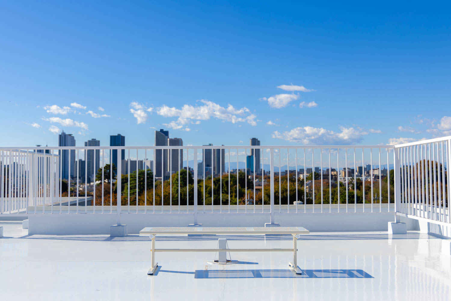 見晴らしのいい屋上にベンチが1台置かれている写真