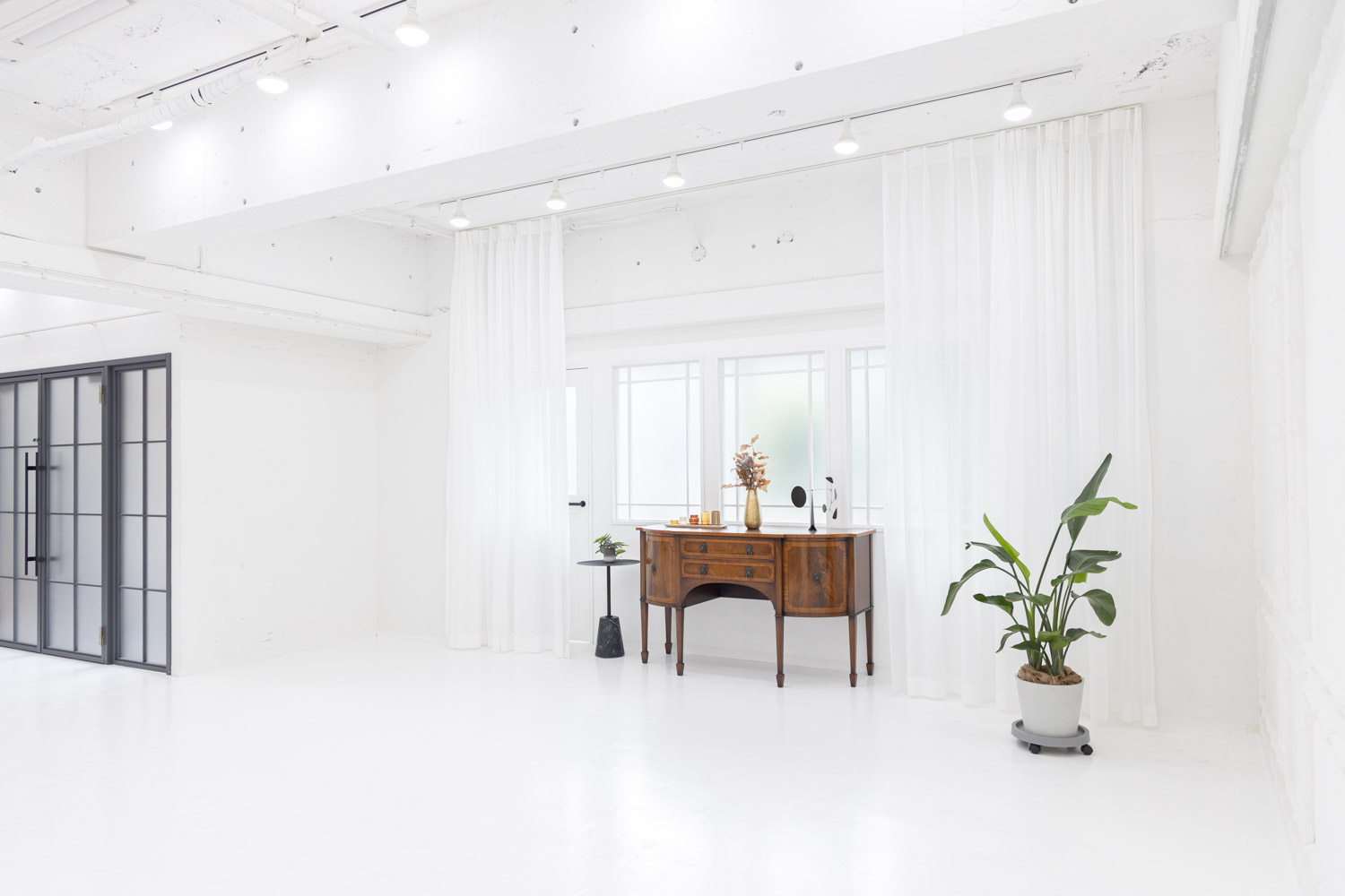 白基調の明るい空間に、アンティークキャビネットと観葉植物が並ぶ写真