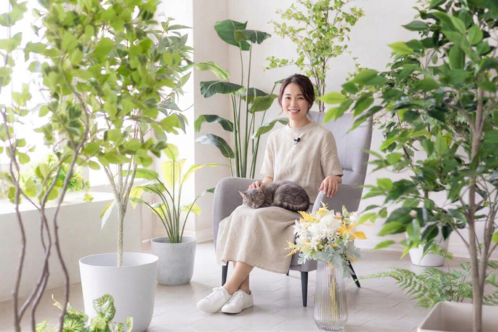 アーリーバードインタビューシーン。女性と猫