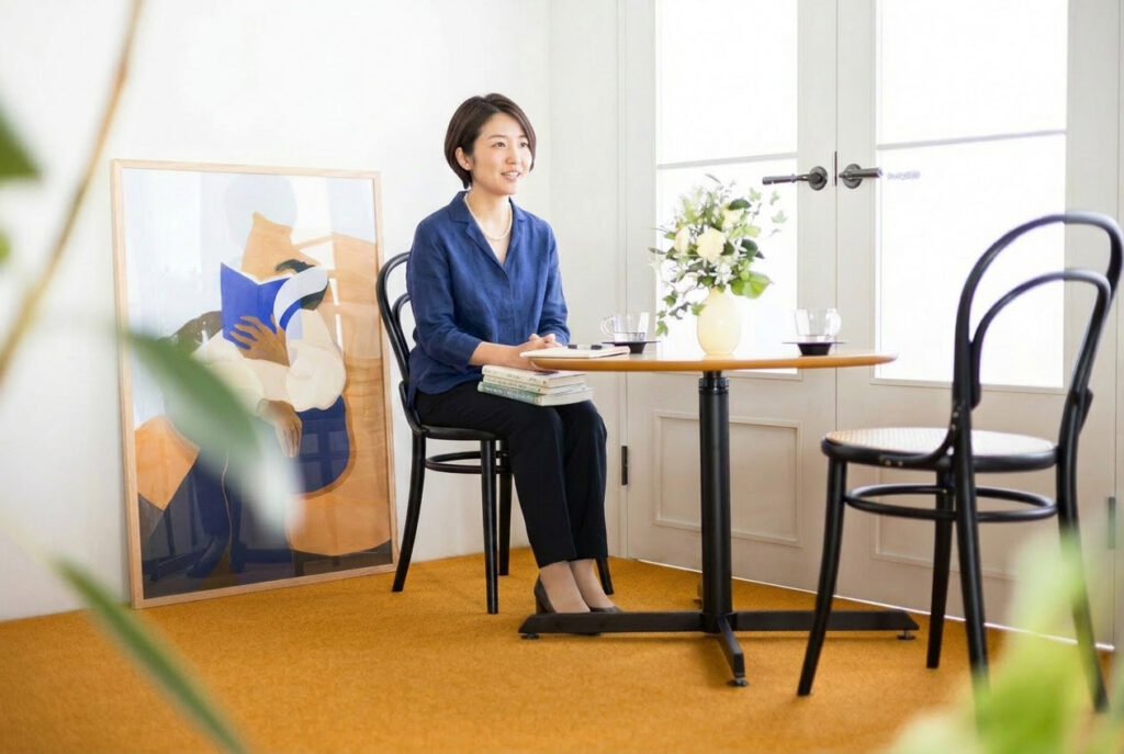 女性がインタビューをうけているシーン