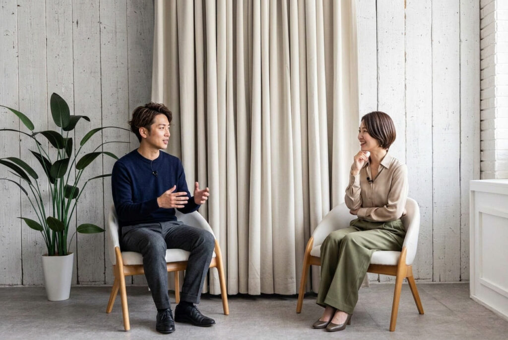 女性と男性が対談しているシーン