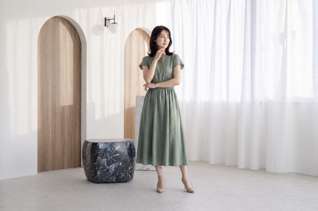 グリーンのワンピースをきた女性の写真