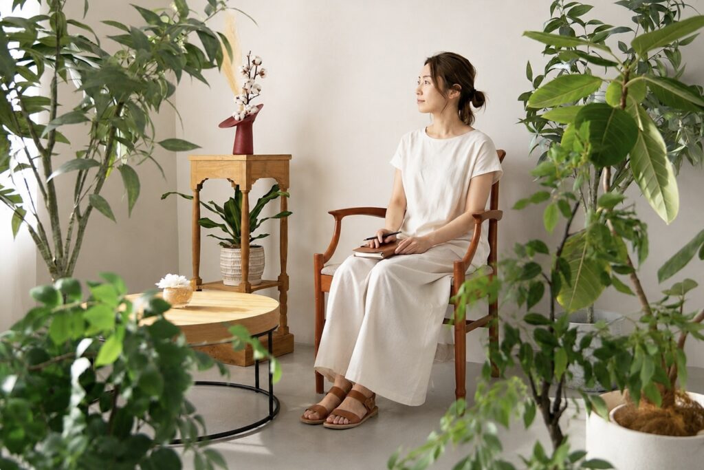 グリーンに囲まれた部屋でのポートレート撮影写真。