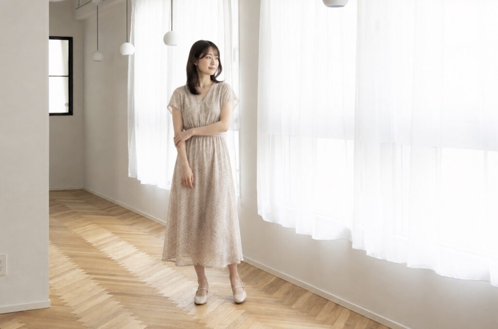 ワンピースを着た女性がポーズをとっている写真